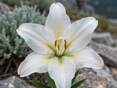 A close-up photograph of a wild white lily blooming on a rocky North American mountain slope. The lighting is soft and natural, highlighting the textures of the petals against a background of sage green foliage. A clean, sophisticated composition that evokes a sense of peace.