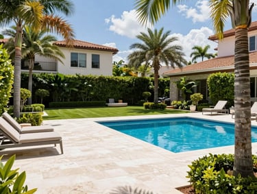 Luxurious outdoor patio area sparkling clean with subtle silver and navy details.