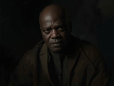 Dramatic low-light portrait of Samuel L. Jackson wearing a dark jacket against a black background.