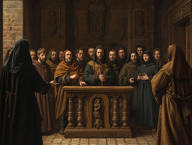 Medieval monks and villagers gathered around an ornate stone altar in a gothic monastery church.
