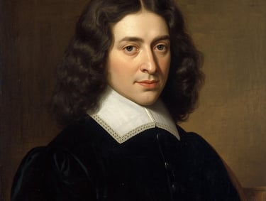 17th-century oil painting portrait of a man with long dark curly hair wearing a black doublet and lace collar.