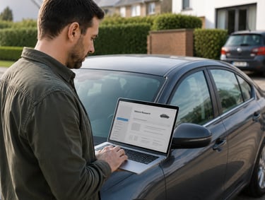 Man reviewing vehicle history information on a laptop beside a used car