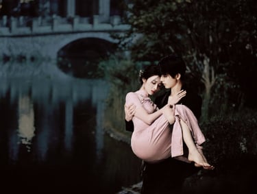 Man in black suit carrying a woman in a pink qipao dress by a misty lake near a stone bridge.