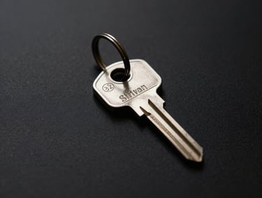 A minimalist square photograph of a single silver key on a clean black surface, symbolizing private access. Muted brown and gray tones, modern and refined Spanish aesthetic.