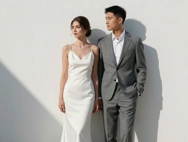 A modern wedding couple in a minimalist outdoor setting in Bodrum. The bride is in a simple, elegant white dress and the groom in a grey suit. They are standing against a clean white wall with sharp shadows from the Mediterranean sun. Professional photography style.