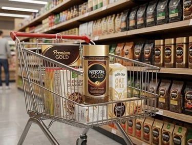 Nescafé Gold coffee jar in a supermarket shopping cart
