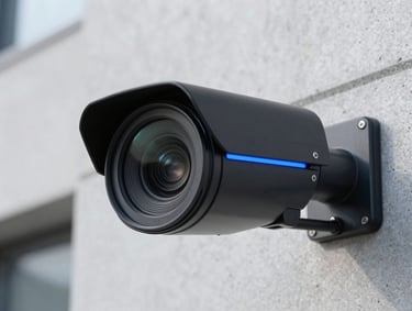 Macro close-up of a sleek black outdoor security camera lens catching cool daylight, mounted on a clean concrete wall, professional cable management visible