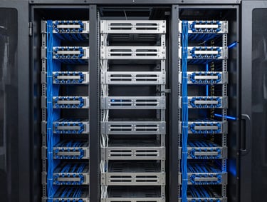 Symmetrical architectural view of a clean server rack in a modern server room, structured blue and white Cat6 cabling perfectly combed, subtle blue LED glow