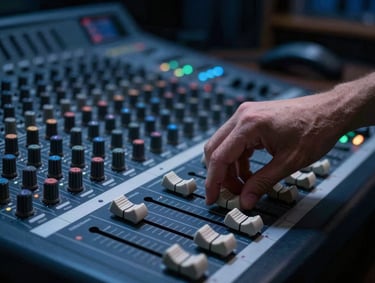 A detailed shot of a hand adjusting a fader on a high-end mixing console in a dark, atmospheric studio setting, moody deep blue tones. International / Global.