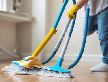 A professional cleaner wiping a kitchen countertop in a bright home.