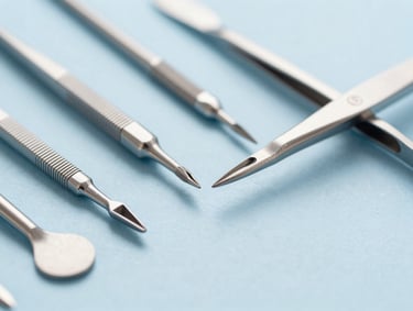 Close-up of orthopedic bone chisels and beauty tweezers, sterile silver metal, sharp focus