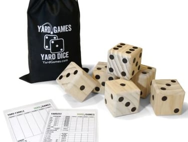 Yard Yahtzee and Farkel dice game with oversized wooden dice available for party rental in Indiana