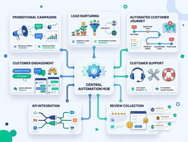 A marketing automation flowchart showing a central hub connecting lead nurturing, customer support, and API integration.