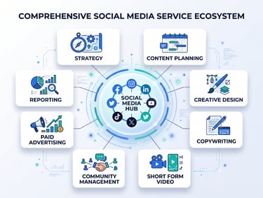 Comprehensive social media service ecosystem diagram showing strategy, content planning, and creative design services.