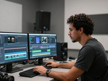 A South American Brazilian filmmaker at work in a minimalist, modern studio. He is focused on a professional editing console with glowing monitors in the background. Atmosphere is creative and professional, with dark gray and white tones.