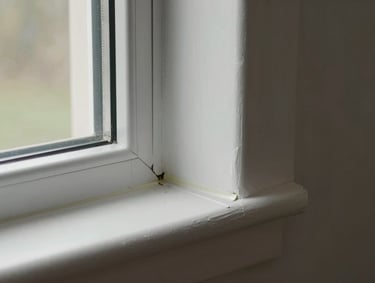 Close-up macro shot of a residential window corner joint, aluminum frame meeting drywall with a clean bead of sealant, north-facing indirect light revealing the precision of the miter, no people