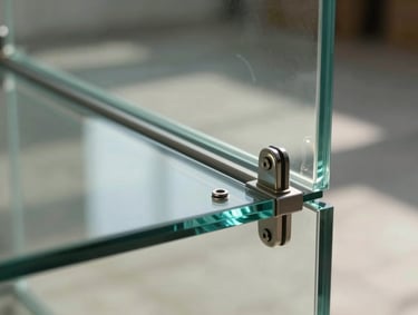 Architectural close-up of a specialty glass panel installation — frameless glass edge detail with polished hardware fitting, indirect daylight grazing across the surface to reveal the precision of the gasket and seal work