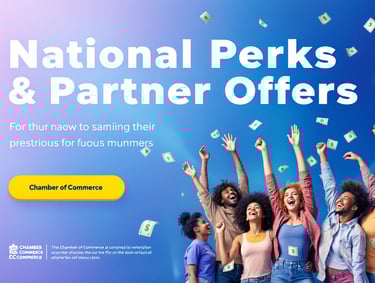Group celebrates under floating dollar bills; ad promotes national perks and partner offers.