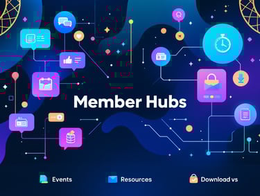 Member Hubs graphic with icons for events, resources, and downloads in a connected network.