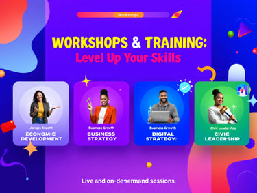 Workshops & Training promo with four topics: economic, business, digital, and civic strategy.