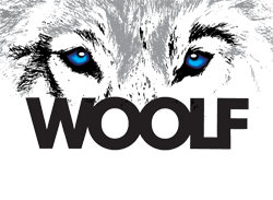 a wolf face with blue eyes above text reading woolf