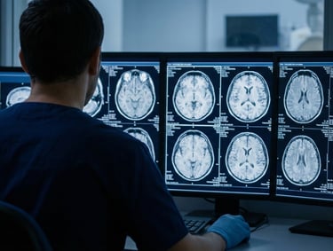 Neurologist reviewing multiple brain MRI scans on diagnostic imaging monitors.