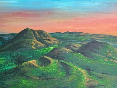une peinture de montagne avec un coucher de soleil