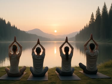 Sunrise yoga session during a nature wellness retreat.
