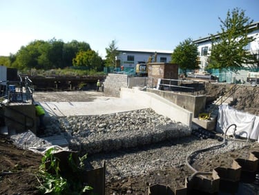 the weir over River Cray, Kent during works to repair the weir & create a fish pass