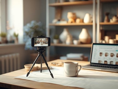 Handmade product photography setup with smartphone and crafts