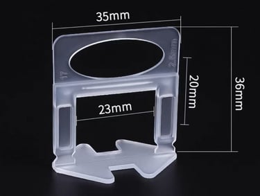 Clear plastic 2.5mm tile leveling system clip showing 35mm and 36mm dimensions on black background.