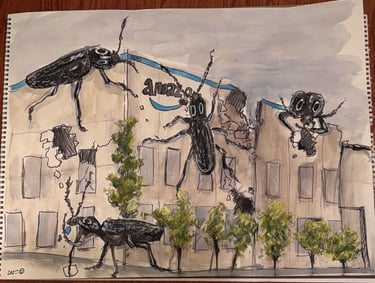 "Beetles Eating Ugly Warehouse" - July 2025. Acrylic, Sharpie, and Pastel on Drawing Paper