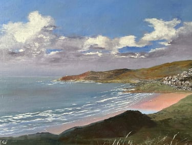 Oil painting of a scenic coastal beach landscape with rolling hills, blue ocean waves, and fluffy clouds.