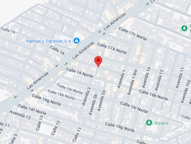 A Google Maps screenshot showing a red location pin in a residential neighborhood grid near Las Américas.