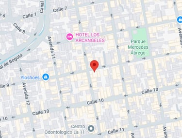 City street map showing a red location pin near Hotel Los Arcangeles and Parque Mercedes Abrego.