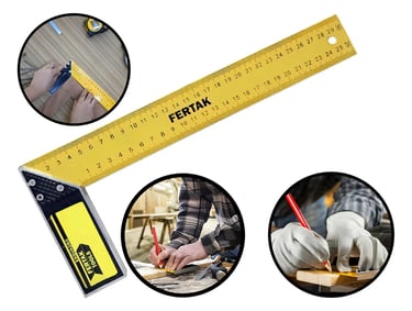 Yellow Fertak steel carpenter square used for measuring and marking wood in carpentry projects.