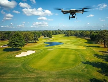 a drone flying over a golf course