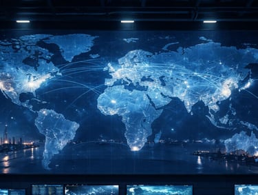 A digital world map with glowing connection lines on a high-tech monitoring screen in a dark control center.