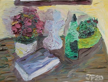 a still life painting of plants, a book, a sculpture and a bottle