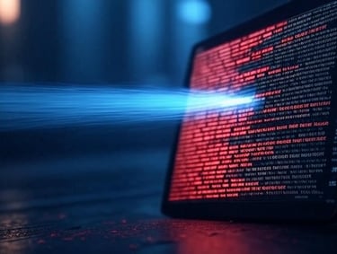 Luz de un escáner de IA revela código malicioso oculto entre las líneas de un texto digital.