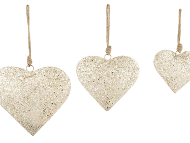 DEMDACO Glitter Heart Gold Tone 8 x 8 Inch Glass Hanging Christmas Ornament Set of 3