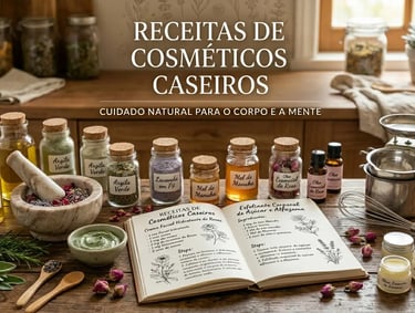 Livro de receitas de cuidados naturais com a pele, cercado por potes de vidro com ingredientes 