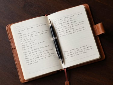 An overhead shot of an open leather-bound journal on a dark espresso brown table, with handwritten poetry and a fountain pen. Elegant, minimalist composition, International / Western aesthetic.