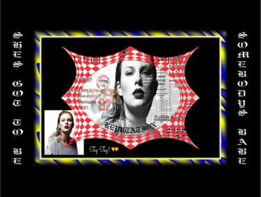 Taylor Swift Reputation album art collage with red checkered pattern and Travis Kelce graphic.