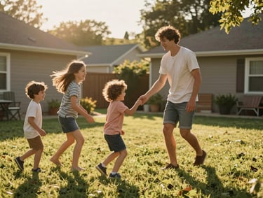 A candid, sun-drenched shot of a young family playing in a North American backyard during the golden hour, warm tones, cinematic lighting, expressing genuine joy and authentic interaction.