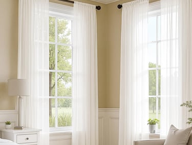 Elegant white sheer curtains on black rods framing large windows in a bright, modern bedroom.