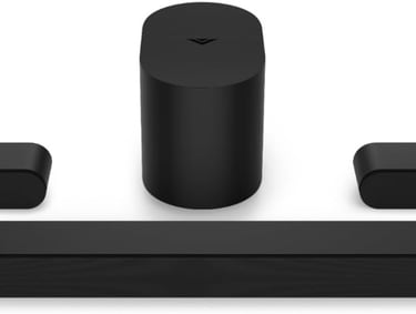Black 5.1 channel home theater sound system with a wireless subwoofer, soundbar, and two satellite speakers.