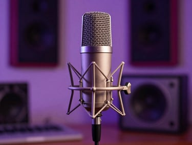 Un micrófono de estudio clásico sobre un soporte, con un fondo desenfocado de luces de estudio en color purpura y rosa. Composición artística que transmite profundidad emocional y calidad sonora en un entorno venezolano.