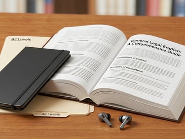 An open legal English textbook with a notebook, pen, and earbuds on a wooden desk for studying.