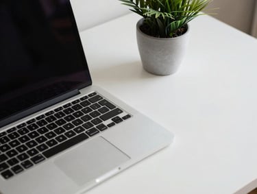 Detail shot of a minimalist workstation with a sleek laptop and a small potted tropical plant on an off-white desk, clean lines, professional atmosphere, Brazilian creative environment.